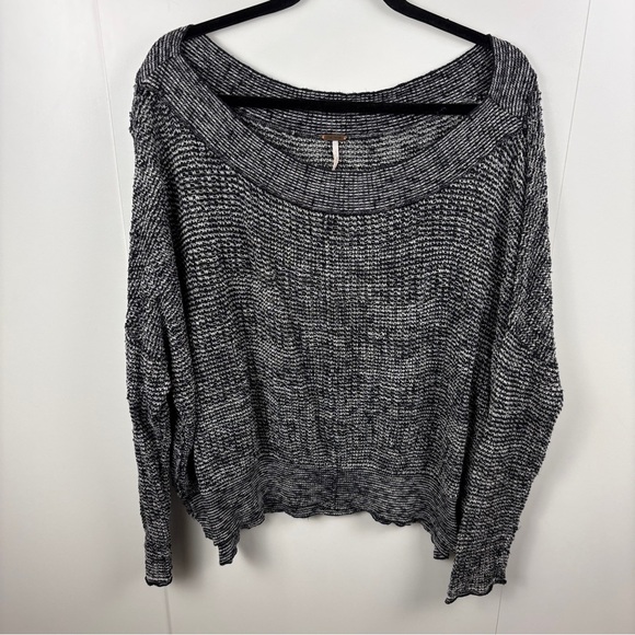Free People Sweaters - Free People Off Shoulder Sweater Black White Marled Knit sz L Oversized Boho